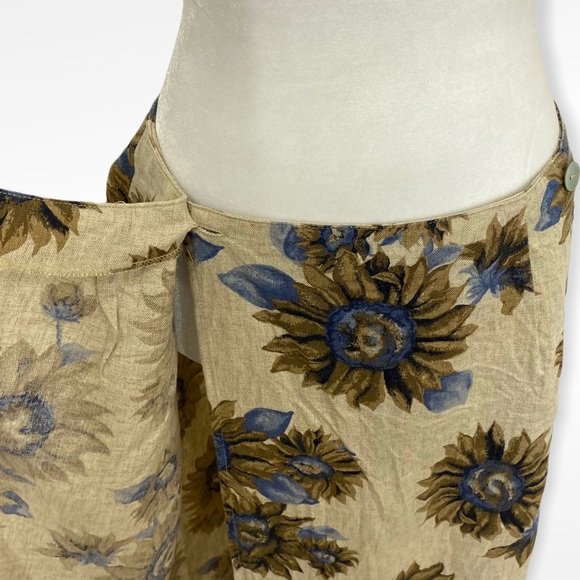 Vintage Tan Blue Linen Blend Floral Wrap Front Skirt - Picture 3 of 7